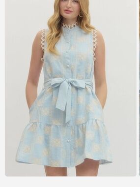 New Gingham Blue & Cream Sleeveless Bow Tie-Waist Crochet Lace Scalloped Dress